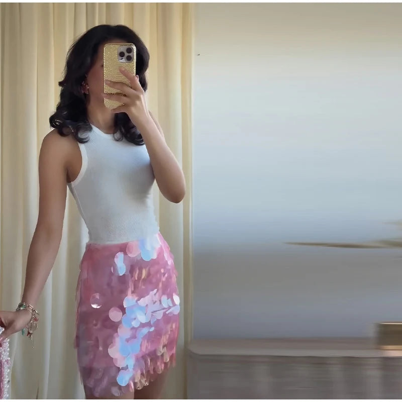 Women Dress Large Sequin Mini Skirt High Waisted Bodycon Sparkly Party Clubwear Fashion Bottoms Night Spring Summer Skirt Ladies