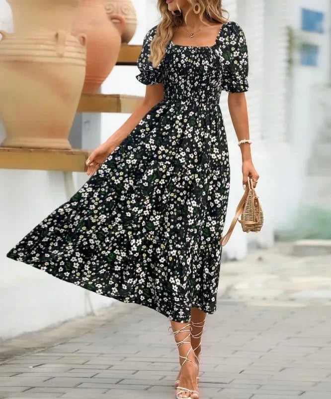 2025 New Women's Printed Dress Square Collar Bubble Sleeve Empire Waist Midi Dress Short Sleeve Cross-Border Independent Station