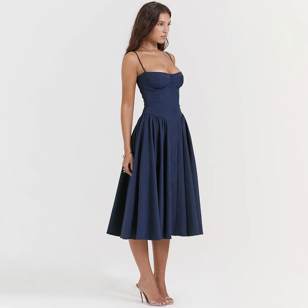 Summer Women Elegant Sleeveless Backless Pleated Dresses Lady Sexy Solid Sling Midi Dress 2024 Female Party Evening A-line Robes