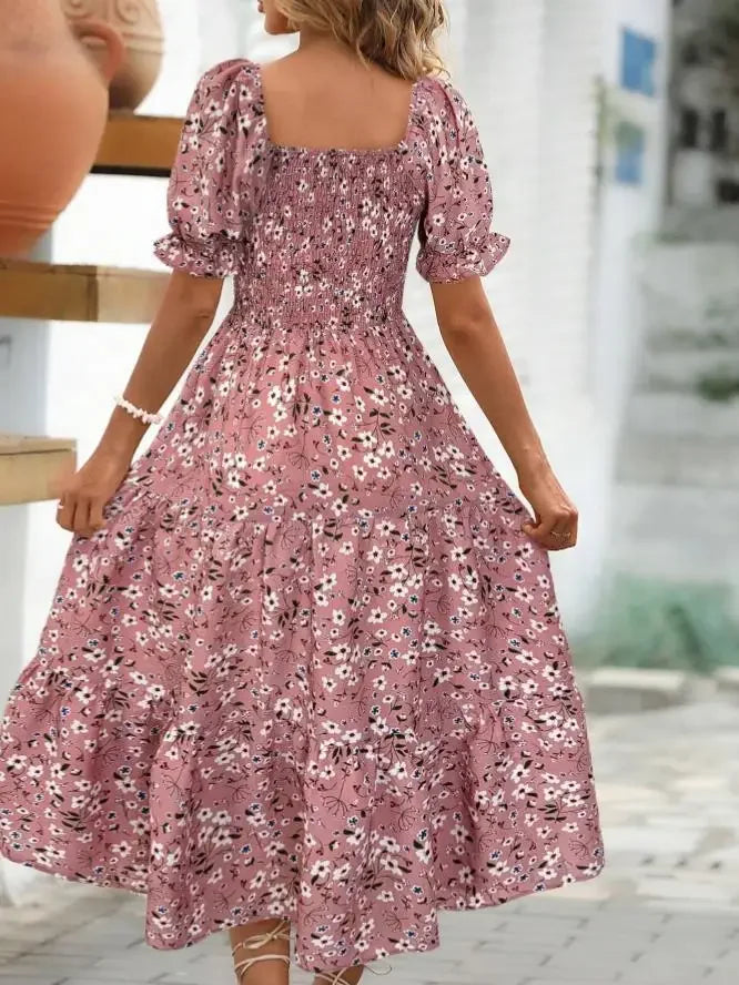 2025 New Women's Printed Dress Square Collar Bubble Sleeve Empire Waist Midi Dress Short Sleeve Cross-Border Independent Station