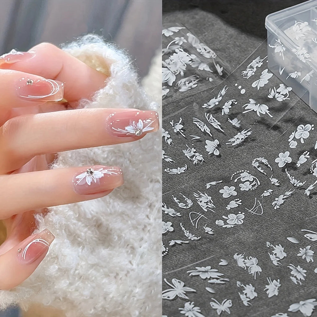 10Rolls4*50cm White Translucent Flower&Butterfly Nail Art Plastic White Flower Nail Tranfer Decal DIY Wedding Bride White Foil