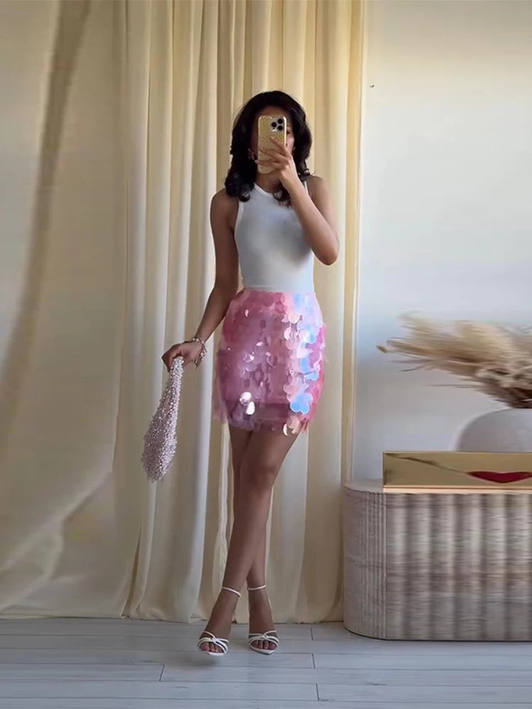 Women Dress Large Sequin Mini Skirt High Waisted Bodycon Sparkly Party Clubwear Fashion Bottoms Night Spring Summer Skirt Ladies