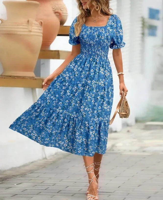 2025 New Women's Printed Dress Square Collar Bubble Sleeve Empire Waist Midi Dress Short Sleeve Cross-Border Independent Station