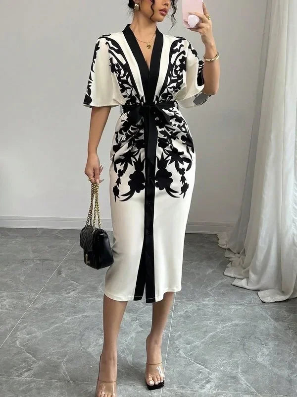 UOOZEE Office Ladies Office A-line Dress 2025 New Summer Half Sleeves V-Neck Tied Waist Flower Printed Evening Midi Dresses