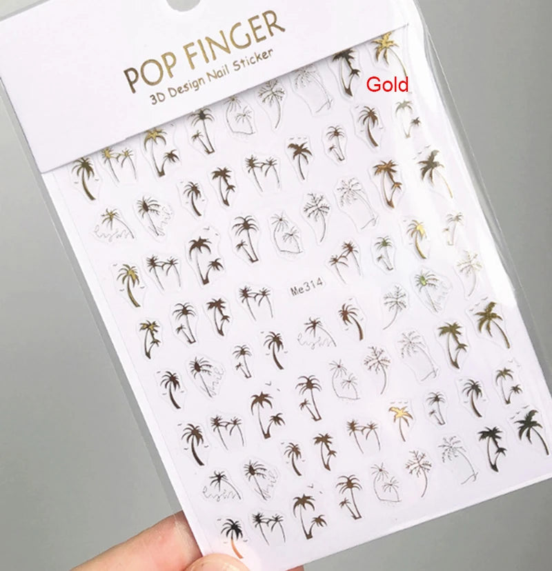 3d Nail Art Decals Geometric Lines Coconut Tree Palms Leaves Flowers Adhesive Sliders Nail Stickers Decorated Manicure