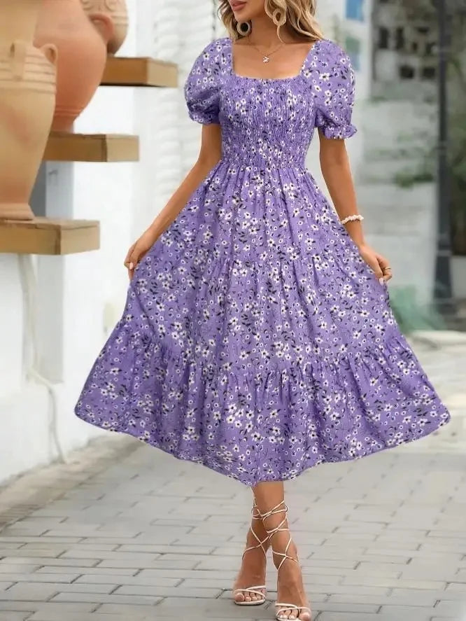 2025 New Women's Printed Dress Square Collar Bubble Sleeve Empire Waist Midi Dress Short Sleeve Cross-Border Independent Station