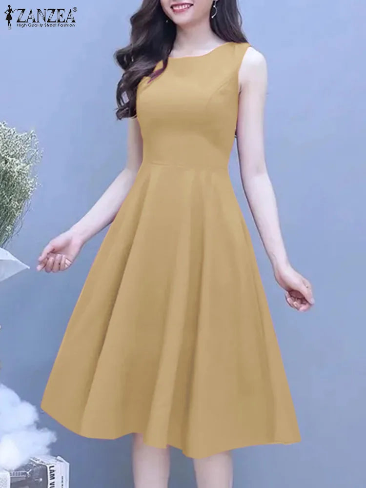 ZANZEA Vintage A-line Party Robe Women Sleeveless Basic Dress 2024 Summer Solid Tank Vestidos Elegant Collect Waist Midi Dresses