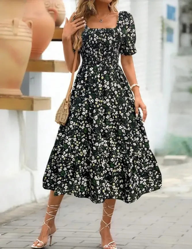 2025 New Women's Printed Dress Square Collar Bubble Sleeve Empire Waist Midi Dress Short Sleeve Cross-Border Independent Station
