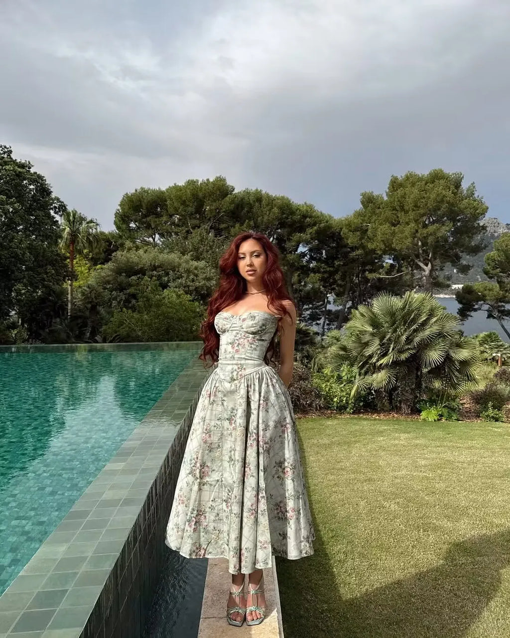 YENKYE Green Floral Print Sexy Spaghetti Straps Dress Women Low Waist A-line Midi Holiday Summer Dresses Party Robe 2025 Vestido