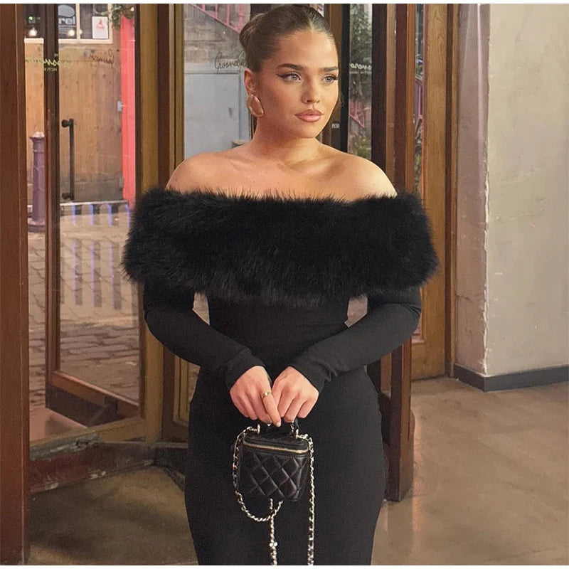 Faux Fur Patchwork Strapless Dress Women Sexy Off-shoulder Full Sleeve Cinched-waist Slim Gowns Lady Chic Evening Party Dresses