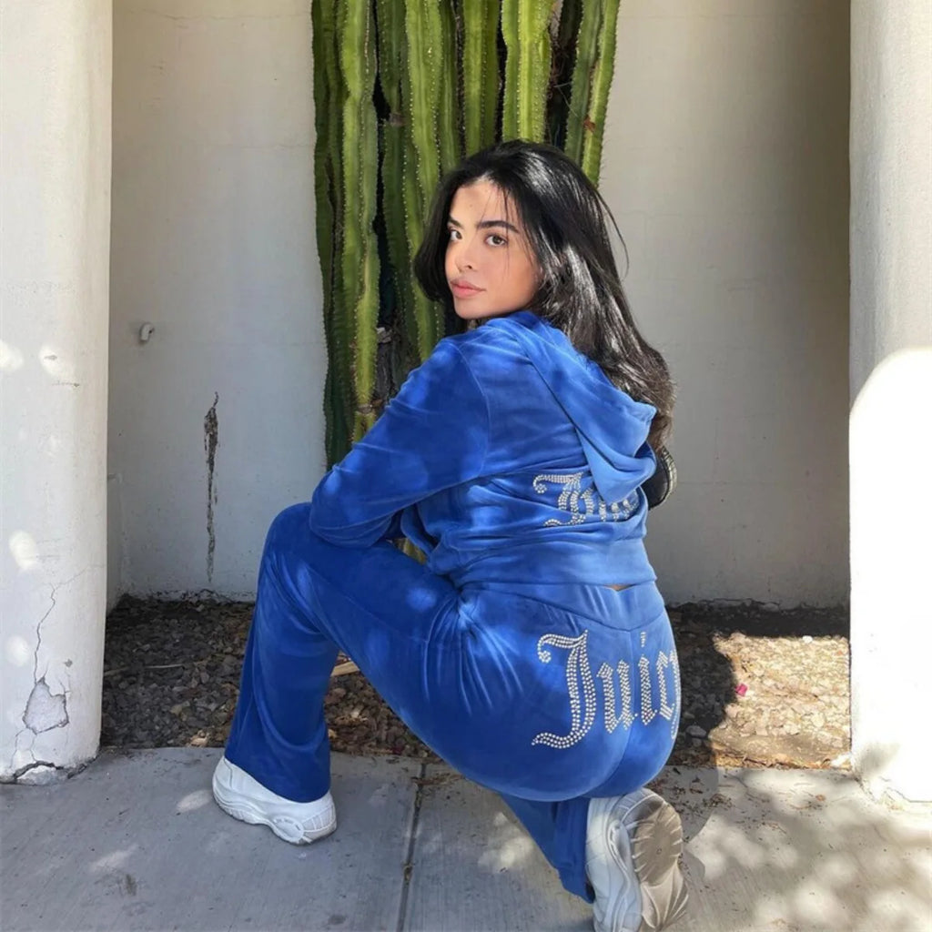 Ladies Casual Sportswear Set Pure Color Letter Rhinestone Long Sleeve Hoodie Loose Pants Two Piece Set Street Style Polyester