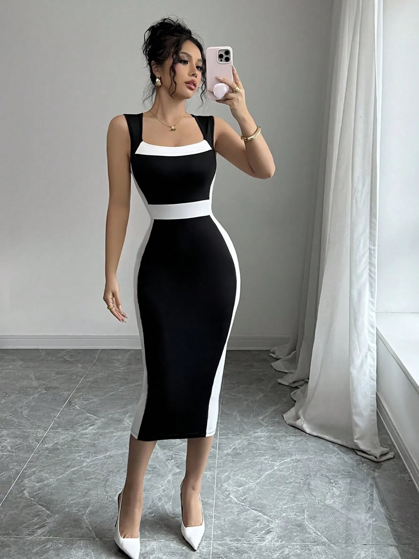 Women's Black & White Square Neck Sleeveless Slim-Fit Midi Dress with Waist Trim Casual Formal Wear