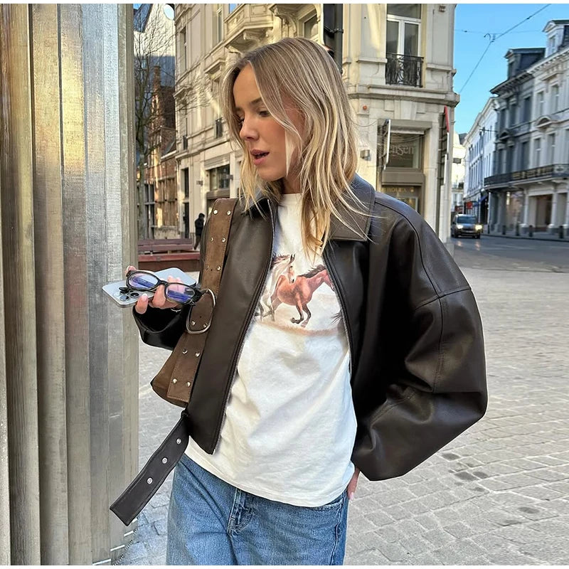 Chaqueta Bomber de Cuero PU Estilo Vintage