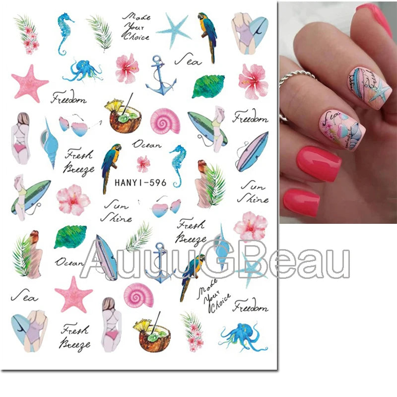 3d Nail Art Decals Geometric Lines Coconut Tree Palms Leaves Flowers Adhesive Sliders Nail Stickers Decorated Manicure