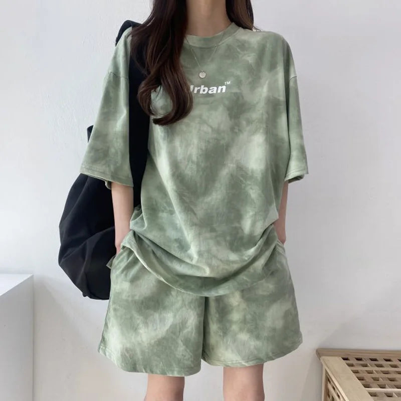 Women T-Shirt Shorts Suit Set Casual Tie Dye Loose tshirt and wide leg middle shorts with pockets female Soft Summer Shorts Sets