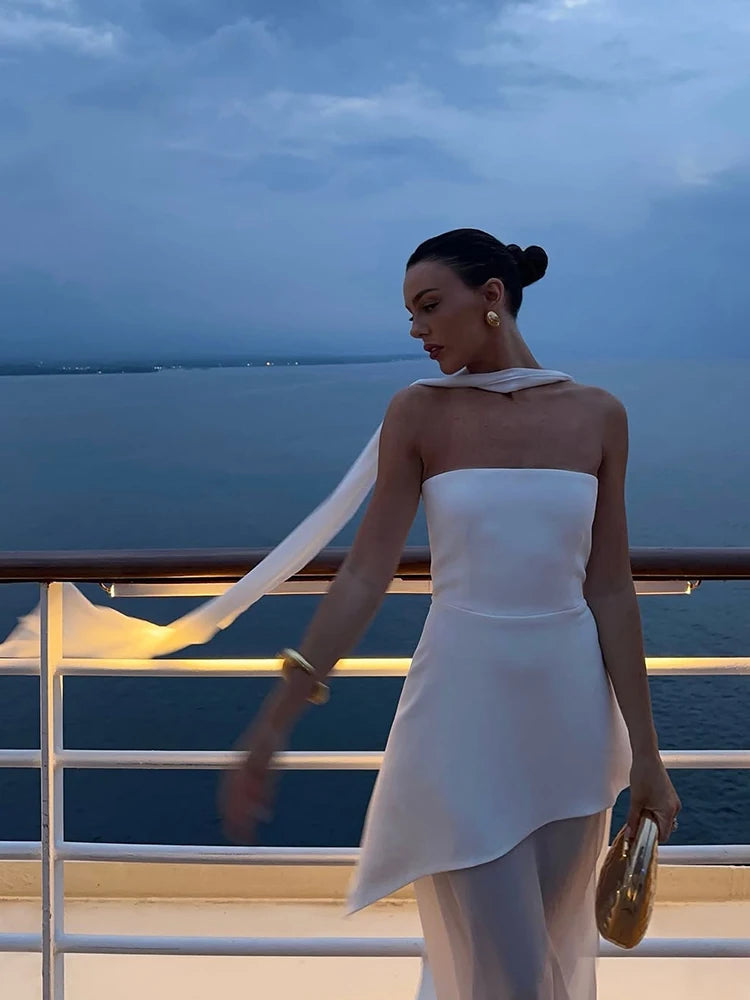 Elegant Women's Strapless Ribbon Long Dress Mesh Maxi Dresses Summer Evening Party Wedding Guest White Yellow Burgundy Brown New