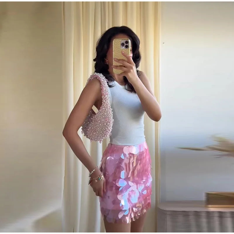 Women Dress Large Sequin Mini Skirt High Waisted Bodycon Sparkly Party Clubwear Fashion Bottoms Night Spring Summer Skirt Ladies