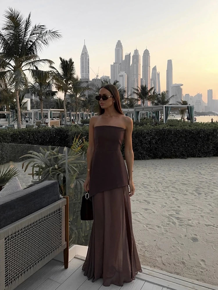 Elegant Women's Strapless Ribbon Long Dress Mesh Maxi Dresses Summer Evening Party Wedding Guest White Yellow Burgundy Brown New