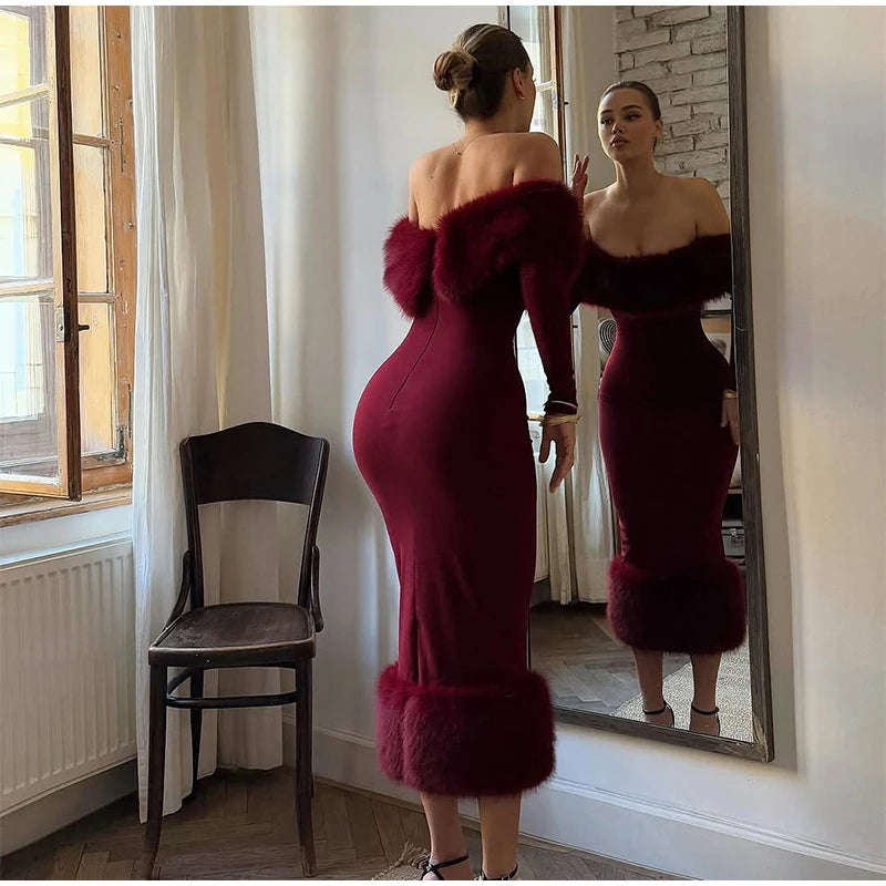 Faux Fur Patchwork Strapless Dress Women Sexy Off-shoulder Full Sleeve Cinched-waist Slim Gowns Lady Chic Evening Party Dresses