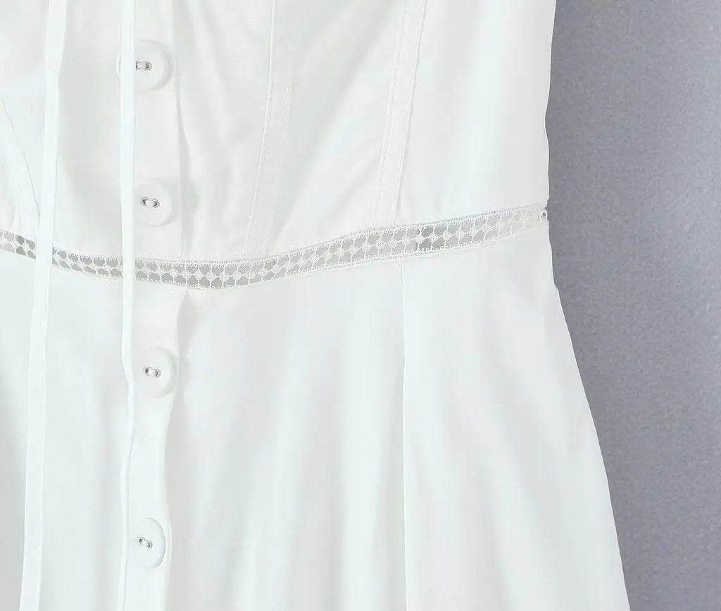 YENKYE Sexy Lace Up Bandage Back Elegant White Sling Dress Women Front Button A-line Cotton Corset Style Summer Dress Midi Robe