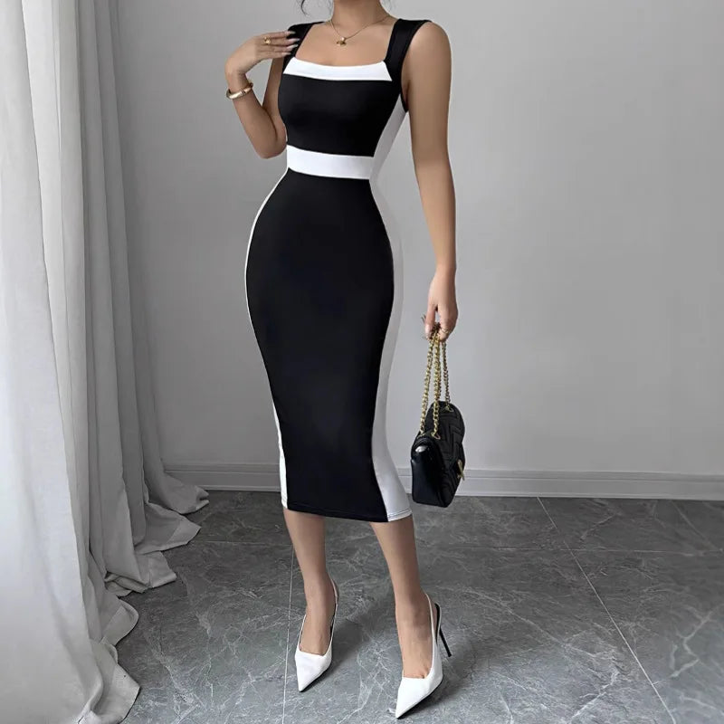 Women's Black & White Square Neck Sleeveless Slim-Fit Midi Dress with Waist Trim Casual Formal Wear