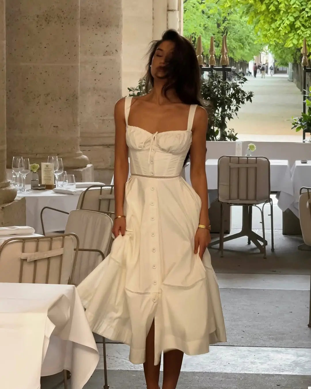 YENKYE Sexy Lace Up Bandage Back Elegant White Sling Dress Women Front Button A-line Cotton Corset Style Summer Dress Midi Robe