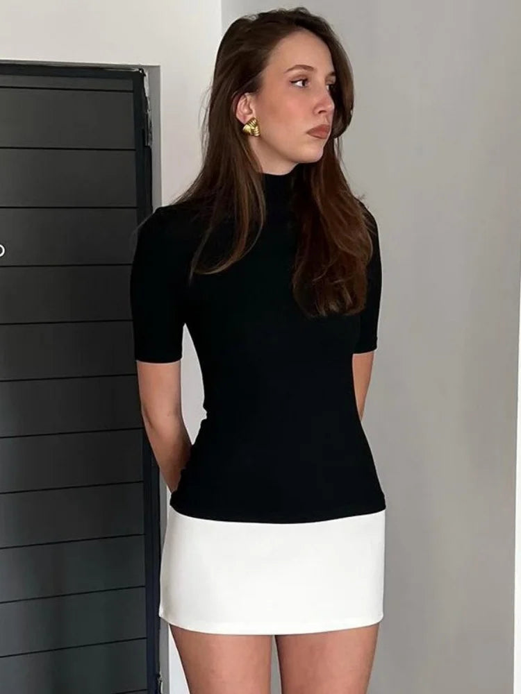 Contrast Color Bodycon Dress For Women Summer Clothing Turtleneck Vestidos Elegantes Para Mujer Half Sleeves Mini Streetwear Y2k