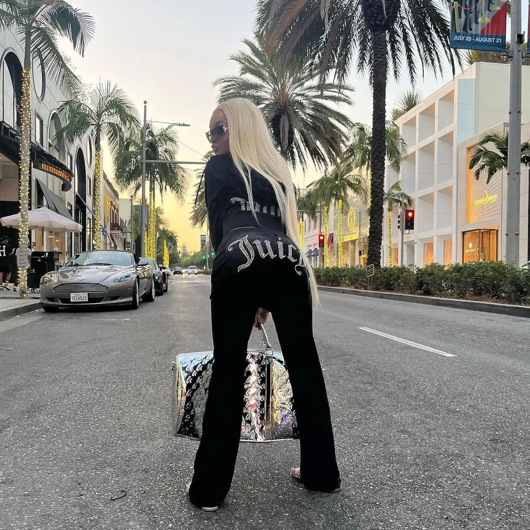 Ladies Casual Sportswear Set Pure Color Letter Rhinestone Long Sleeve Hoodie Loose Pants Two Piece Set Street Style Polyester