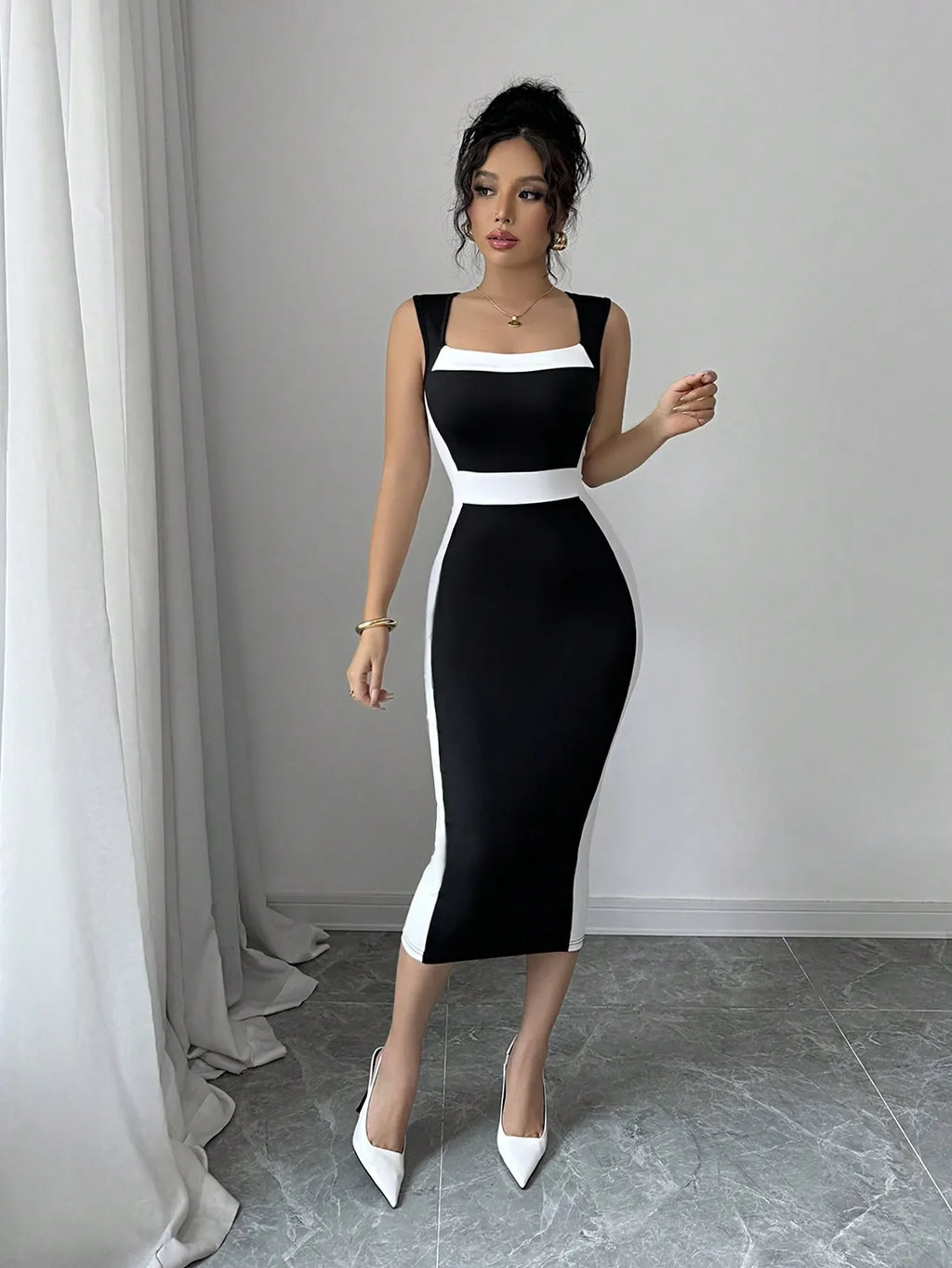 Women's Black & White Square Neck Sleeveless Slim-Fit Midi Dress with Waist Trim Casual Formal Wear
