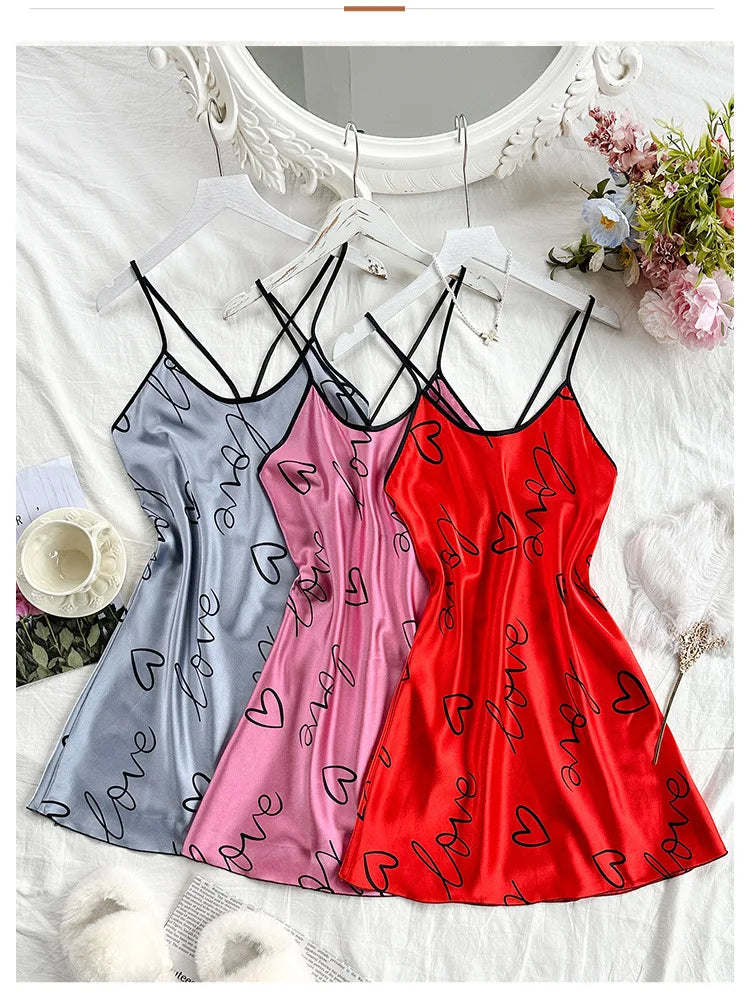 Heart Print Nightdress Elegant Scoop Neck Criss Cross Back Sleep Dress Women's Sleepwear