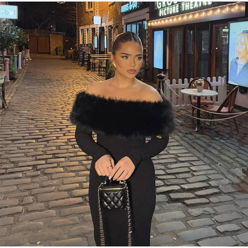Faux Fur Patchwork Strapless Dress Women Sexy Off-shoulder Full Sleeve Cinched-waist Slim Gowns Lady Chic Evening Party Dresses