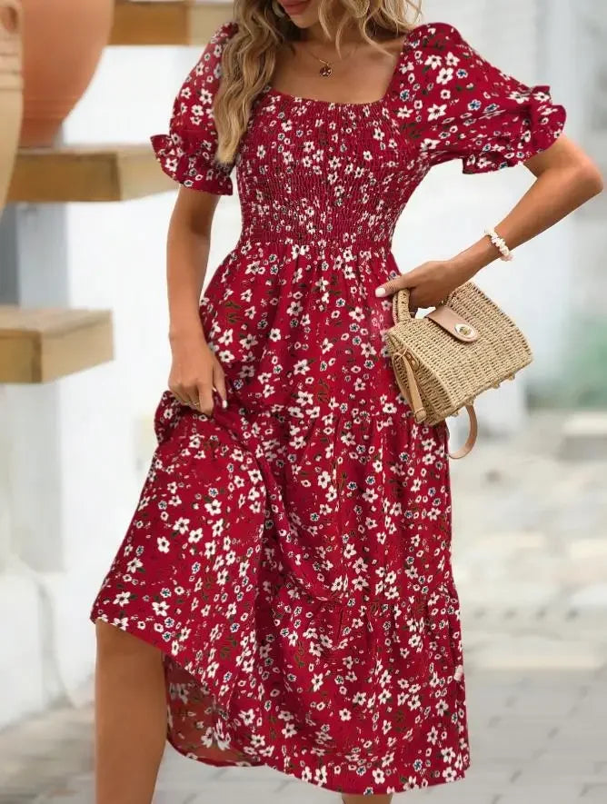 2025 New Women's Printed Dress Square Collar Bubble Sleeve Empire Waist Midi Dress Short Sleeve Cross-Border Independent Station