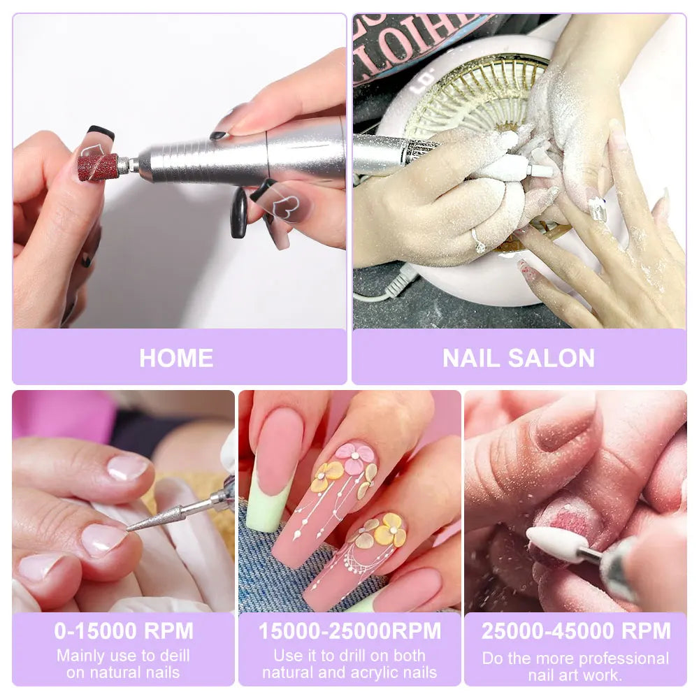 Nail Drill 45000 RPM Rechargeable Nails Electric File for Acrylic Gel Removing & Polishing Gel for Home/Salon Manicure Pedicure