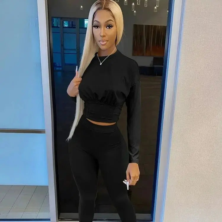 2023 Autumn New Women's Pure Color Sports Waist Suit Fashion Casual Two-piece Set