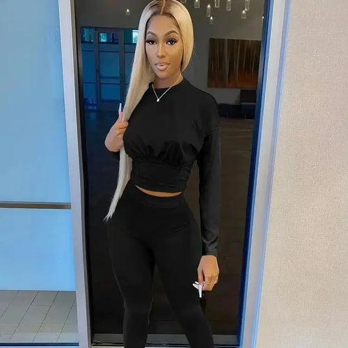 2023 Autumn New Women's Pure Color Sports Waist Suit Fashion Casual Two-piece Set