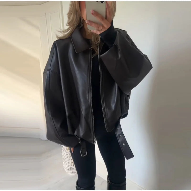 Chaqueta Bomber de Cuero PU Estilo Vintage