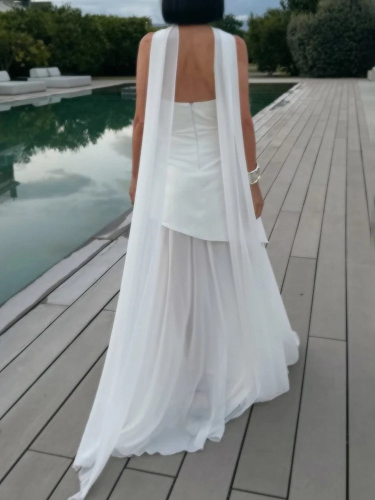 Elegant Women's Strapless Ribbon Long Dress Mesh Maxi Dresses Summer Evening Party Wedding Guest White Yellow Burgundy Brown New