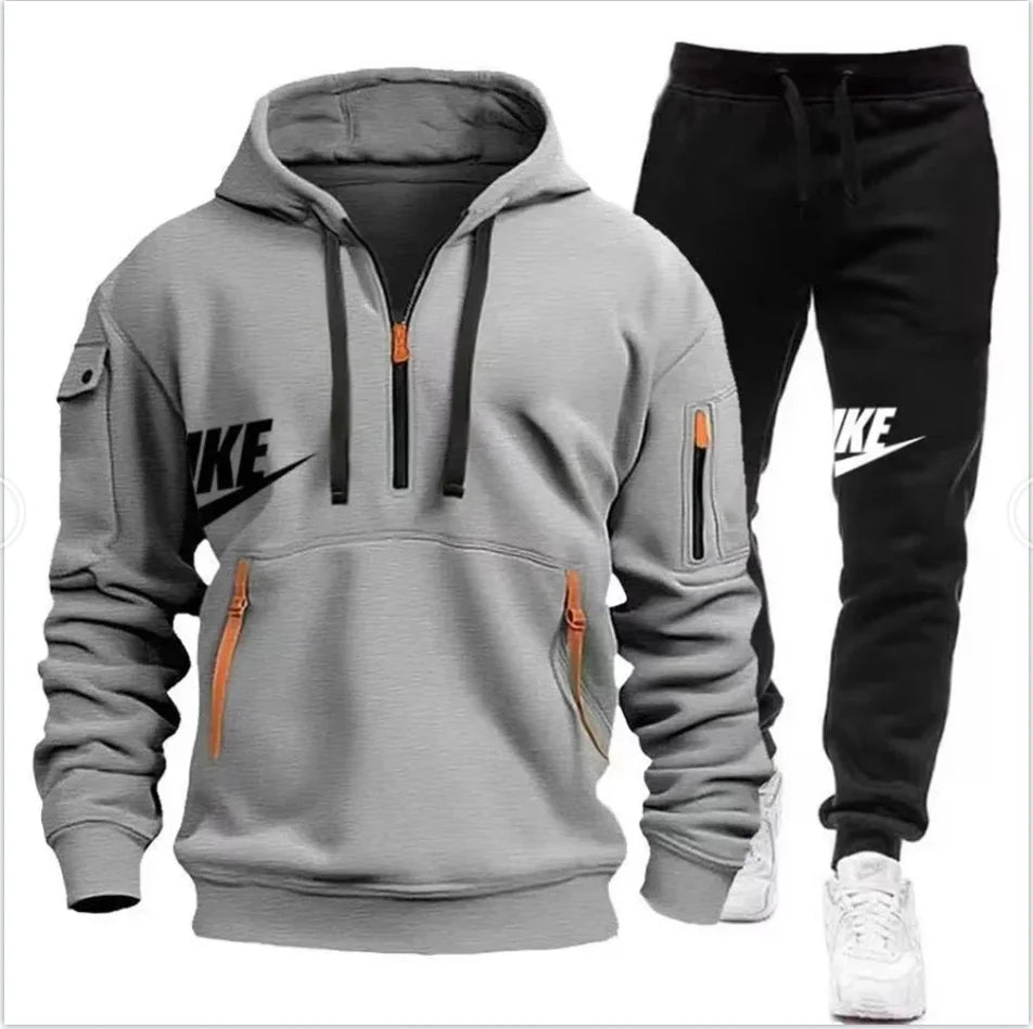 2026   New autumn and winter men's long-sleeved pullover hoodie + pants 2-piece fashionable outdoor running men's sportswear set
