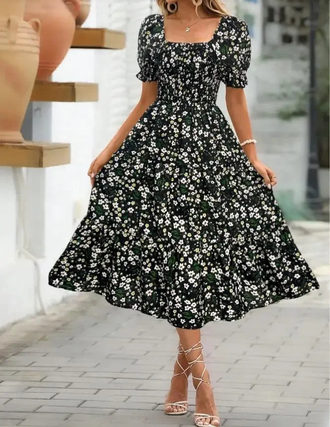 2025 New Women's Printed Dress Square Collar Bubble Sleeve Empire Waist Midi Dress Short Sleeve Cross-Border Independent Station