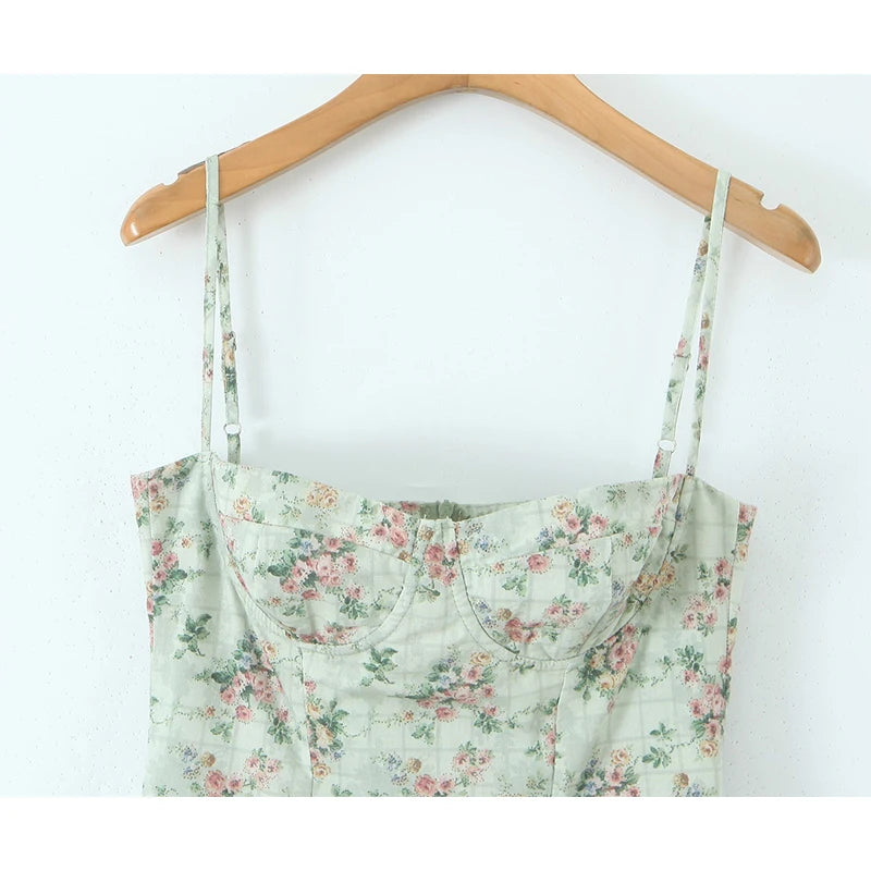 YENKYE Green Floral Print Sexy Spaghetti Straps Dress Women Low Waist A-line Midi Holiday Summer Dresses Party Robe 2025 Vestido