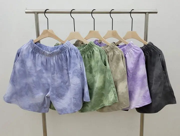 Women T-Shirt Shorts Suit Set Casual Tie Dye Loose tshirt and wide leg middle shorts with pockets female Soft Summer Shorts Sets