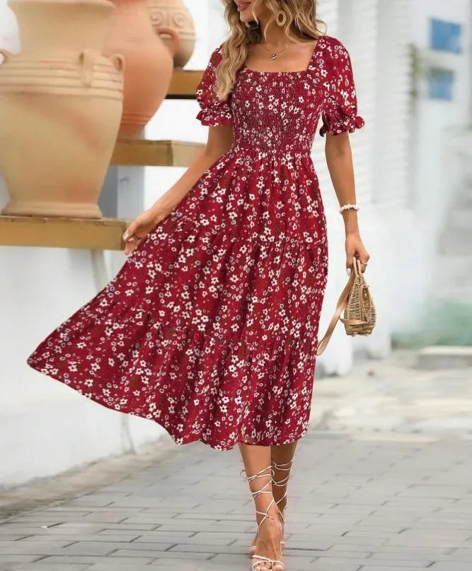 2025 New Women's Printed Dress Square Collar Bubble Sleeve Empire Waist Midi Dress Short Sleeve Cross-Border Independent Station