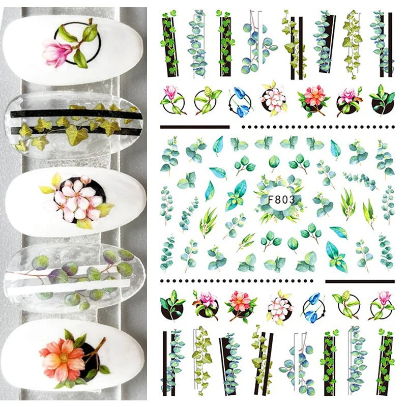3d Nail Art Decals Geometric Lines Coconut Tree Palms Leaves Flowers Adhesive Sliders Nail Stickers Decorated Manicure
