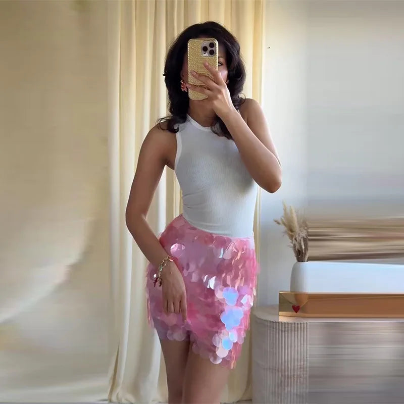 Women Dress Large Sequin Mini Skirt High Waisted Bodycon Sparkly Party Clubwear Fashion Bottoms Night Spring Summer Skirt Ladies
