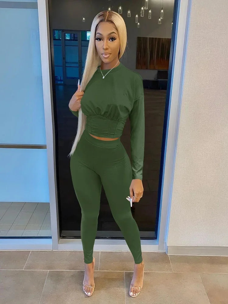 2023 Autumn New Women's Pure Color Sports Waist Suit Fashion Casual Two-piece Set