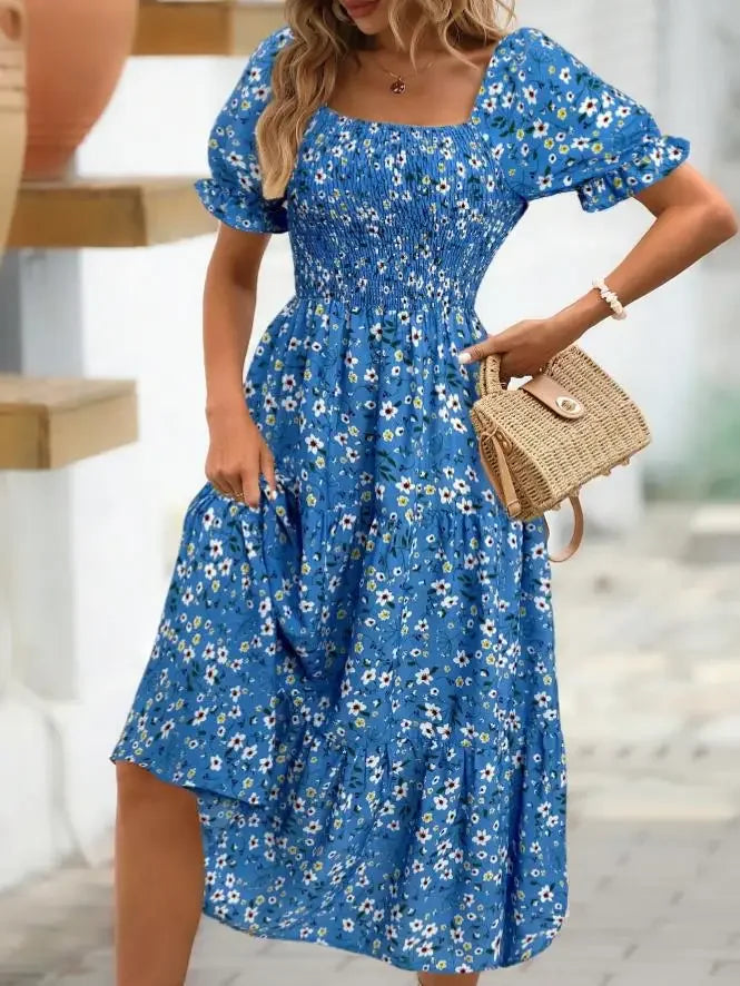 2025 New Women's Printed Dress Square Collar Bubble Sleeve Empire Waist Midi Dress Short Sleeve Cross-Border Independent Station
