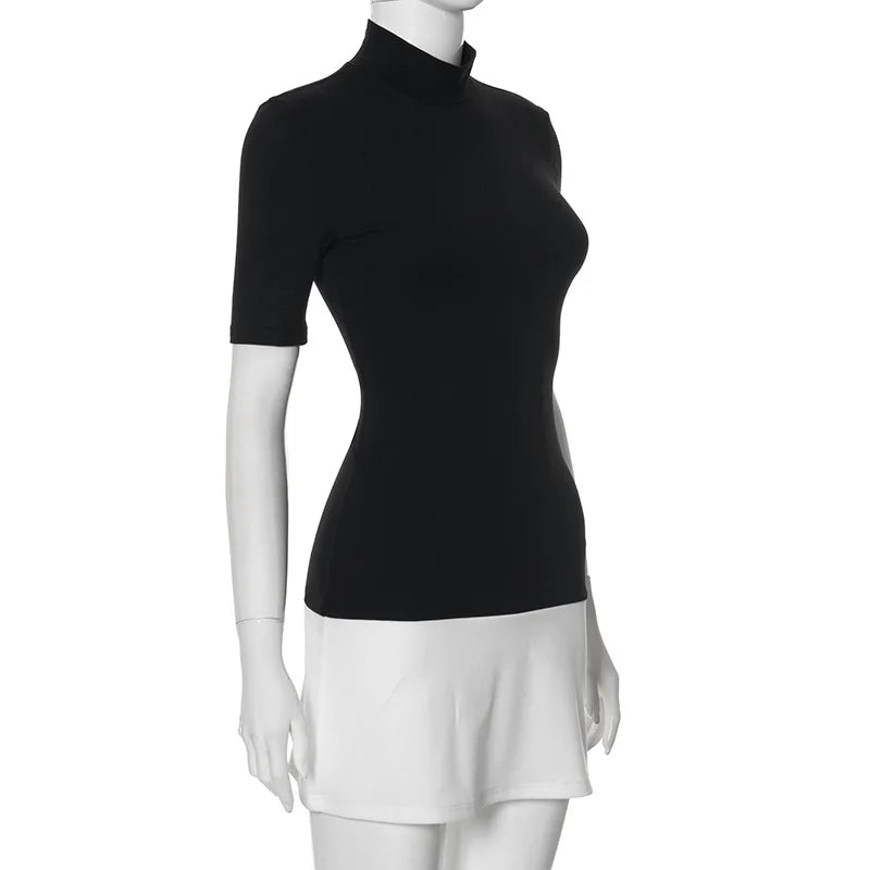 Contrast Color Bodycon Dress For Women Summer Clothing Turtleneck Vestidos Elegantes Para Mujer Half Sleeves Mini Streetwear Y2k