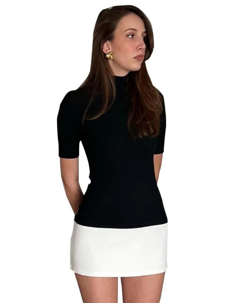 Contrast Color Bodycon Dress For Women Summer Clothing Turtleneck Vestidos Elegantes Para Mujer Half Sleeves Mini Streetwear Y2k