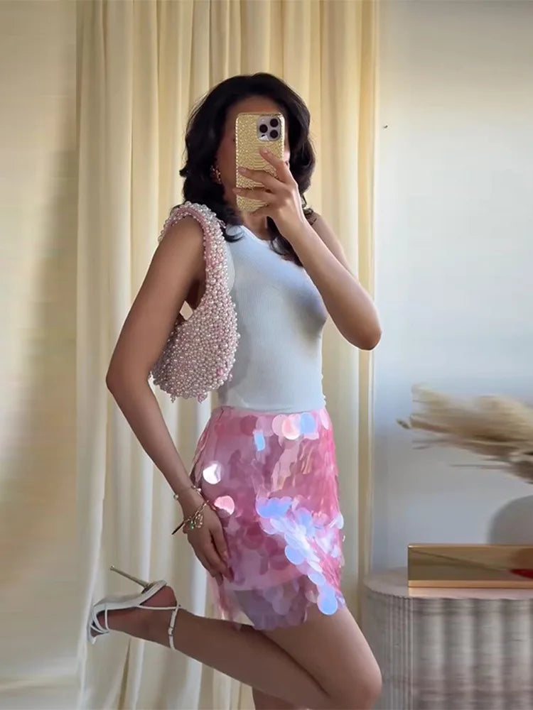 Women Dress Large Sequin Mini Skirt High Waisted Bodycon Sparkly Party Clubwear Fashion Bottoms Night Spring Summer Skirt Ladies