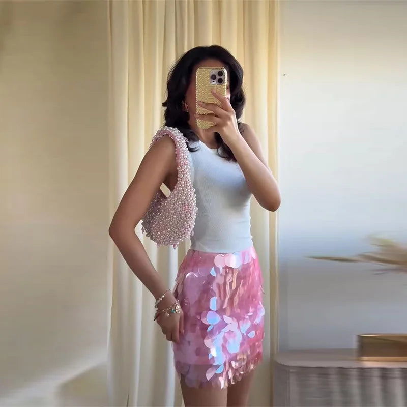 Women Dress Large Sequin Mini Skirt High Waisted Bodycon Sparkly Party Clubwear Fashion Bottoms Night Spring Summer Skirt Ladies